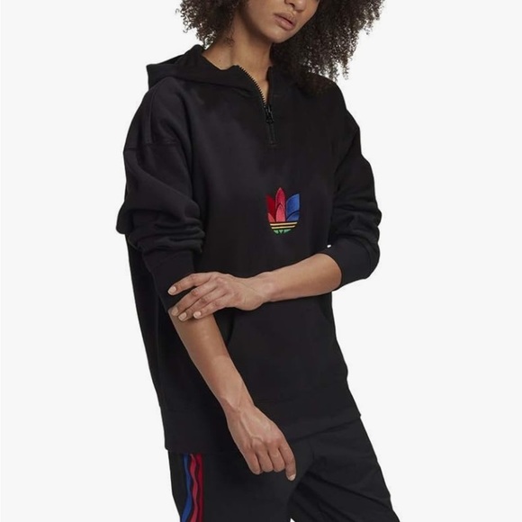 EUC Adidas Women's Black Modern Trefoil Sweatshirt size XL, half zip hooded - Picture 3 of 16